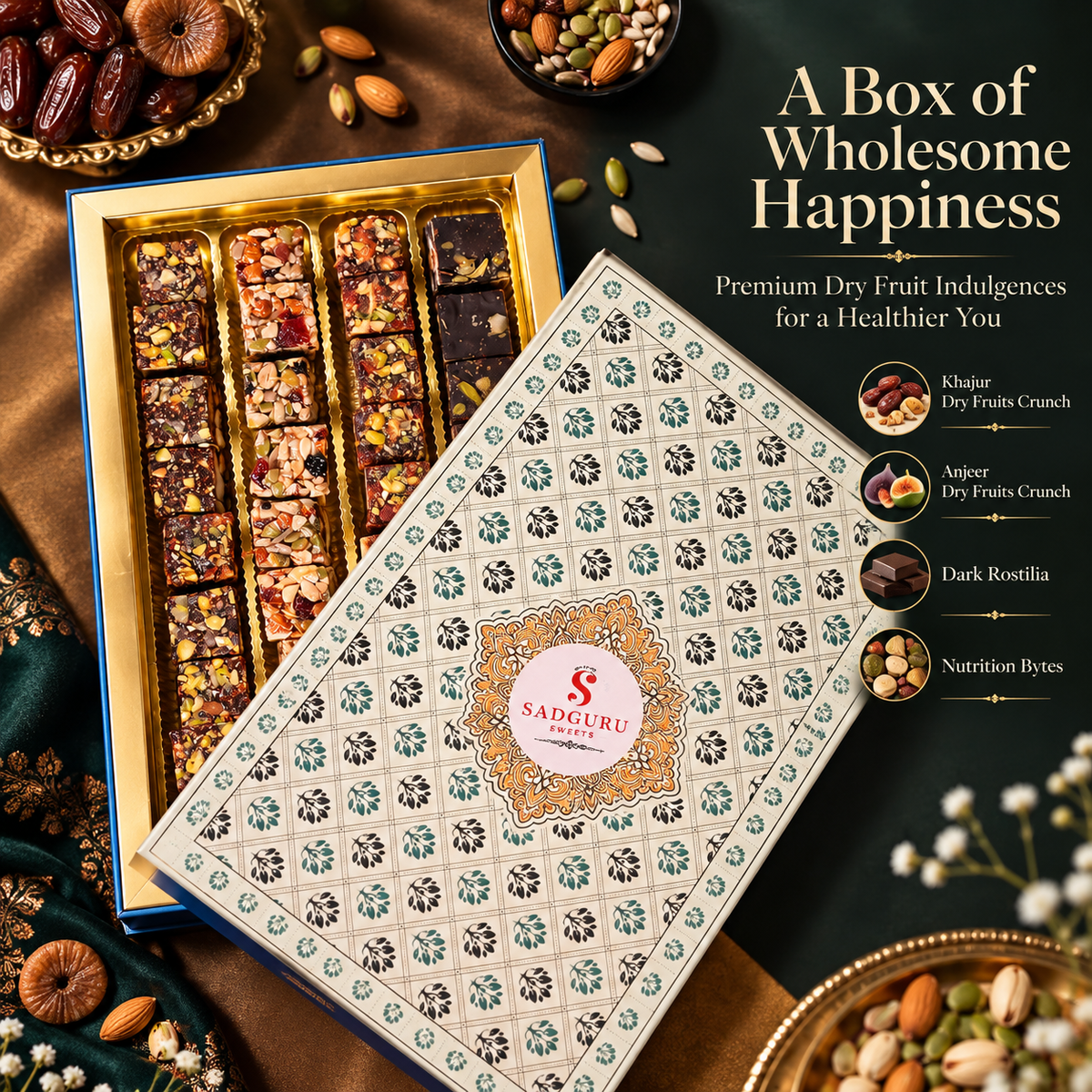 Nutri Luxe Box(Khajur Dry Fruit Crunch, Anjeer Dry Fruit Crunch,Nutrition Byets,Dark Rostilia)